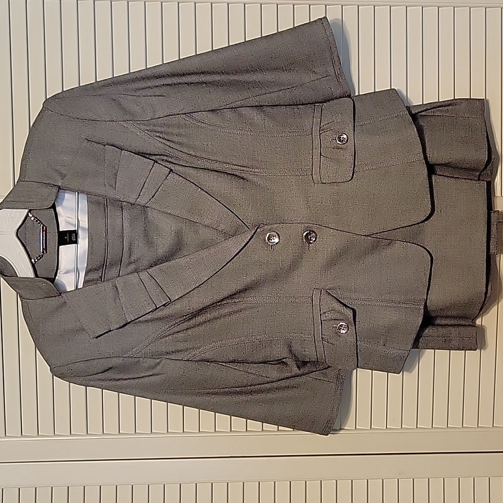 Black tweed lined jacket and matching straight skirt size 8.